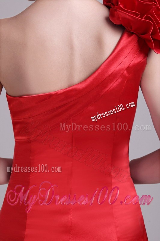 One Shoulder Handmade Flower Red Mine Prom Dresses in Fashion
