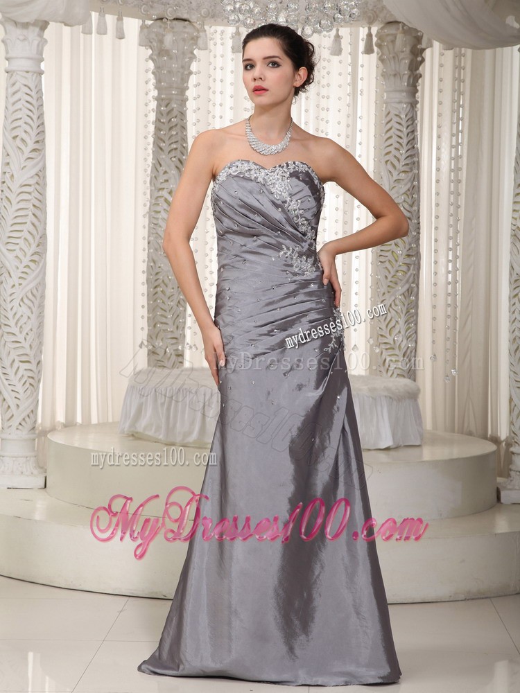 Gray Column Sweetheart Prom Dress with Ruching and Appliques