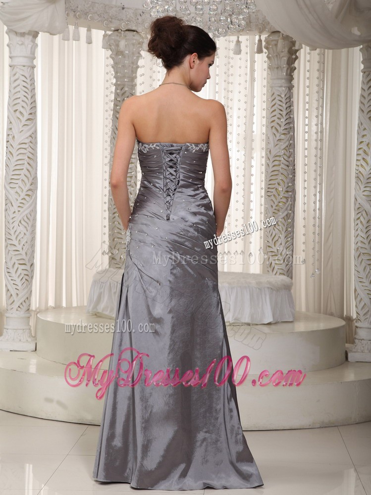 Gray Column Sweetheart Prom Dress with Ruching and Appliques