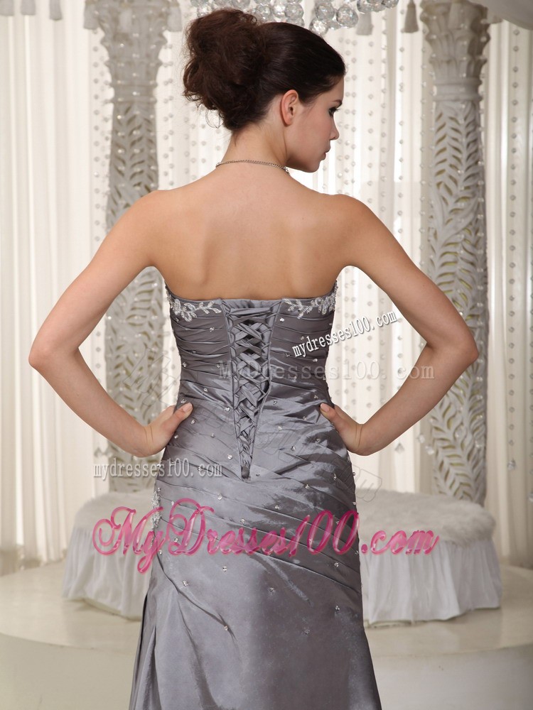Gray Column Sweetheart Prom Dress with Ruching and Appliques
