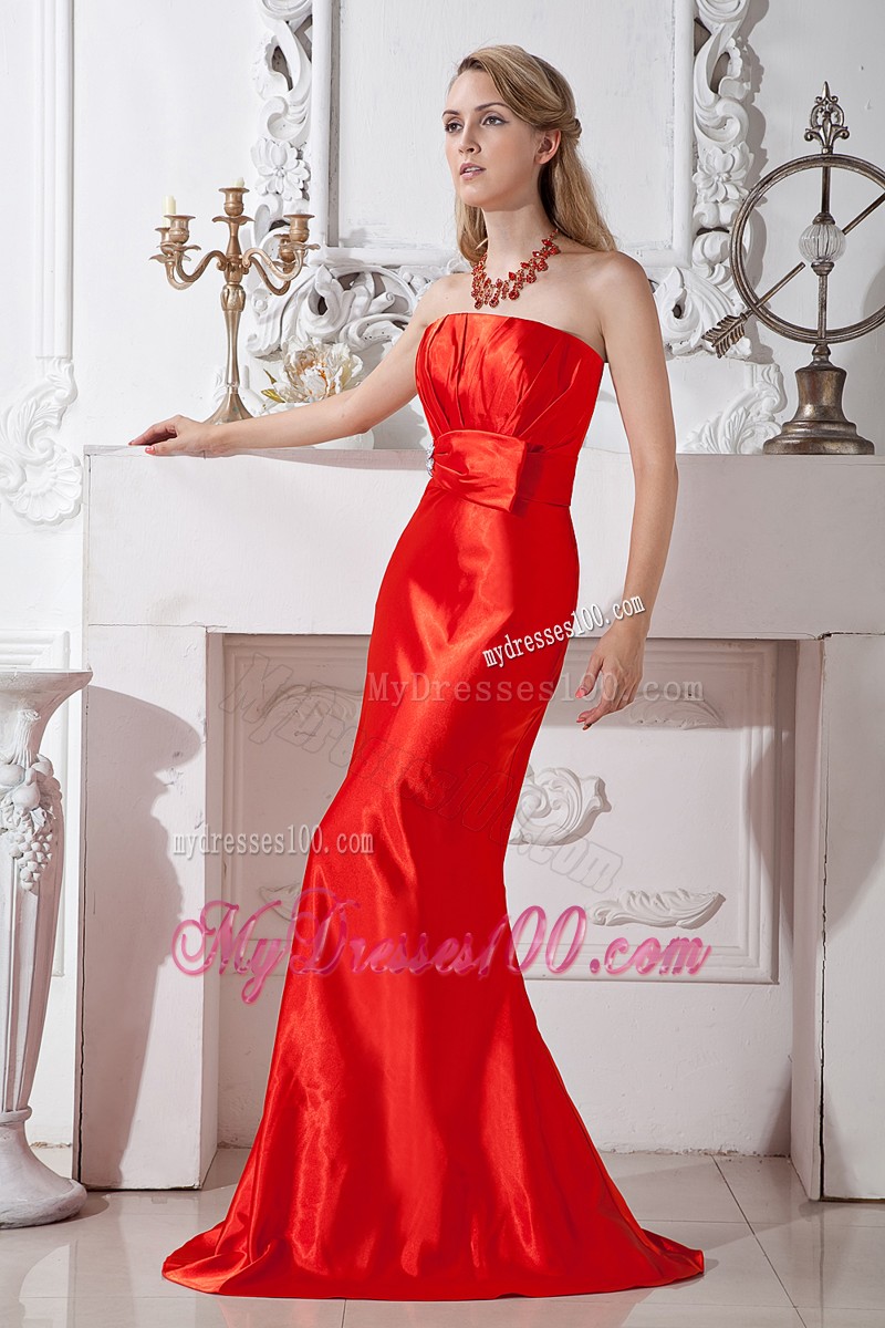 Red Sheath Strapless Beaded Brush Train Prom Dresses with Petal Neckline