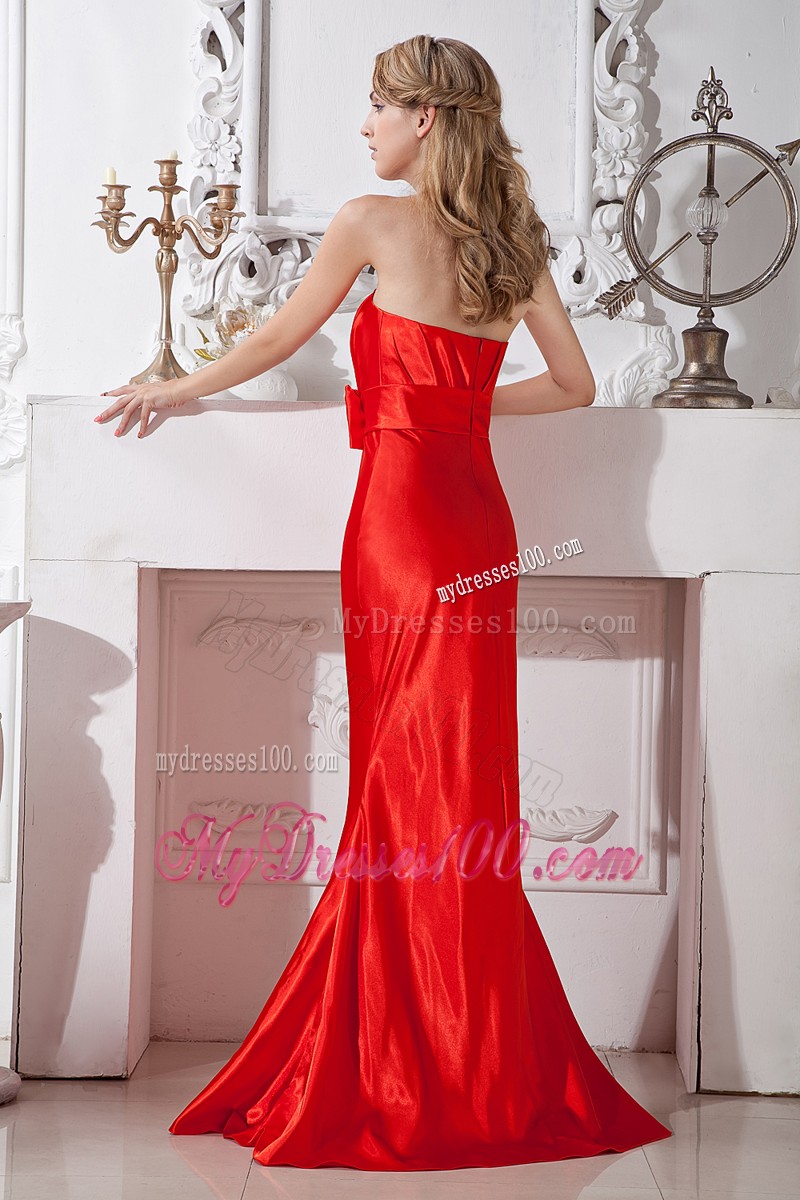 Red Sheath Strapless Beaded Brush Train Prom Dresses with Petal Neckline