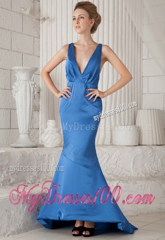 Mermaid V-neck Straps Court Train Criss Cross Back Blue Prom Dress for Women