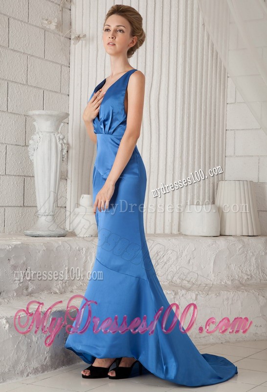 Mermaid V-neck Straps Court Train Criss Cross Back Blue Prom Dress for Women