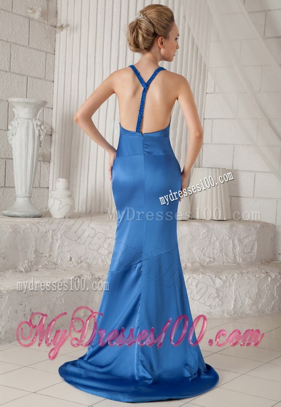 Mermaid V-neck Straps Court Train Criss Cross Back Blue Prom Dress for Women