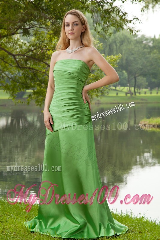 Spring Green Sweep Train Strapless Ruche Prom Dress Simple Style