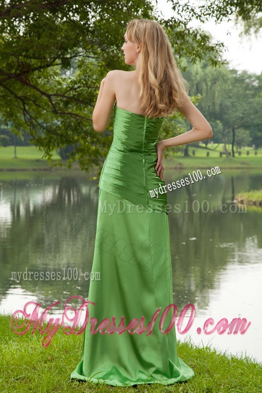 Spring Green Sweep Train Strapless Ruche Prom Dress Simple Style