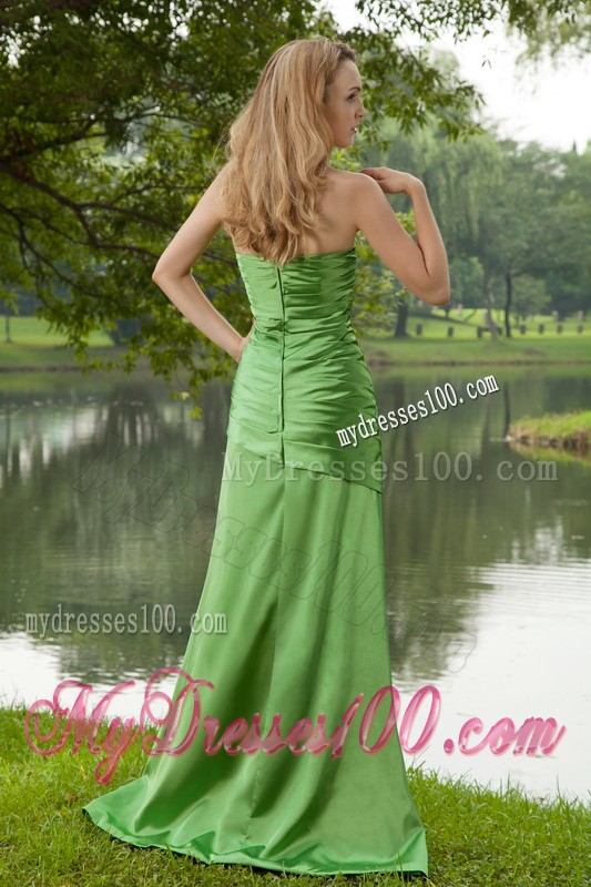 Spring Green Sweep Train Strapless Ruche Prom Dress Simple Style