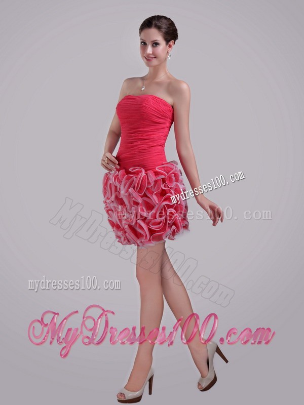Groovy Strapless Rolling Flower Red Short Prom Dresses Zipper Up Back