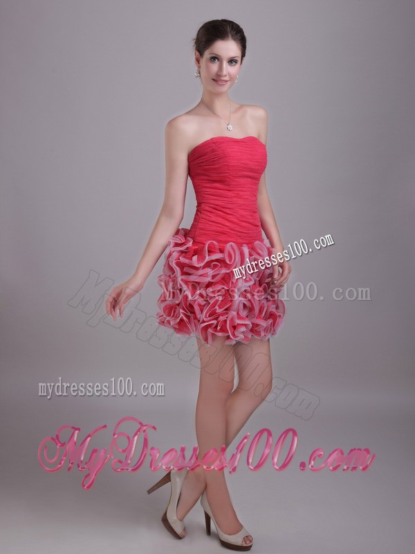 Groovy Strapless Rolling Flower Red Short Prom Dresses Zipper Up Back