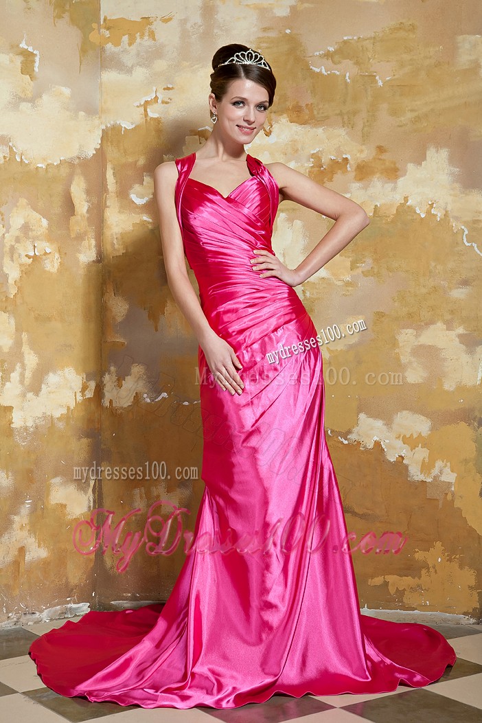 Court Train and Criss-cross Back Accent Hot Pink Prom Gown