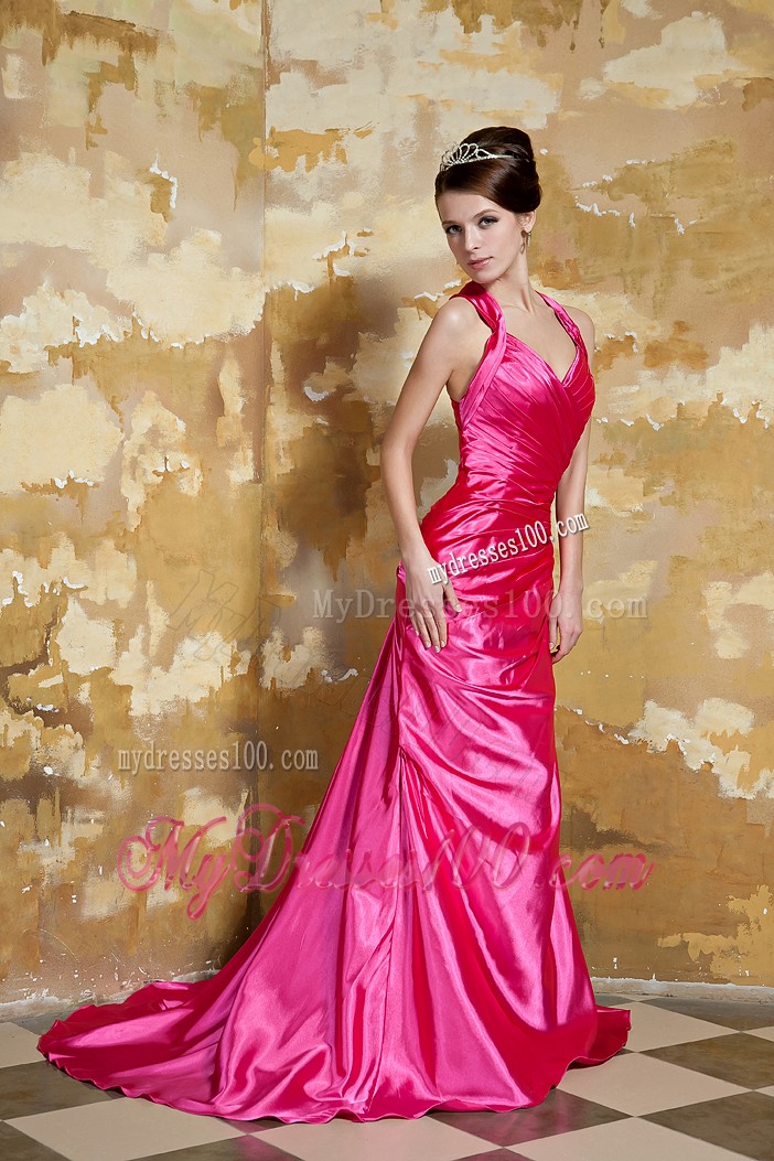 Court Train and Criss-cross Back Accent Hot Pink Prom Gown