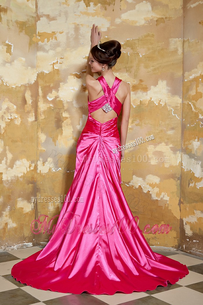 Court Train and Criss-cross Back Accent Hot Pink Prom Gown