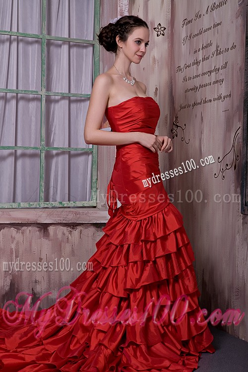 Ruffled Layers Cathedral Train Accent Prom Gown in Wine Red