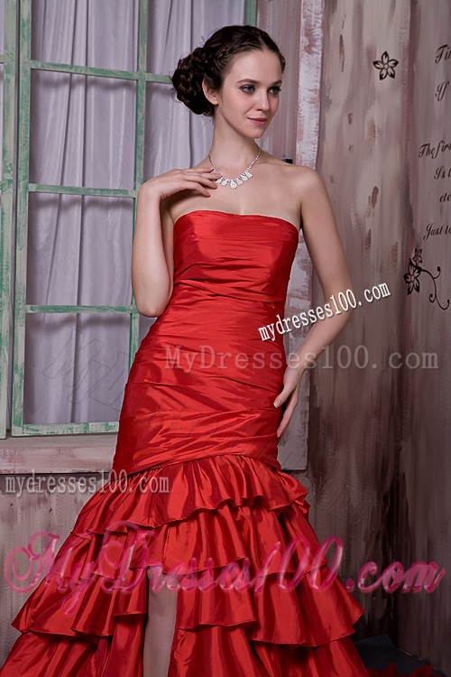 Ruffled Layers Cathedral Train Accent Prom Gown in Wine Red