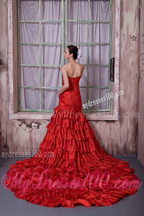 Ruffled Layers Cathedral Train Accent Prom Gown in Wine Red