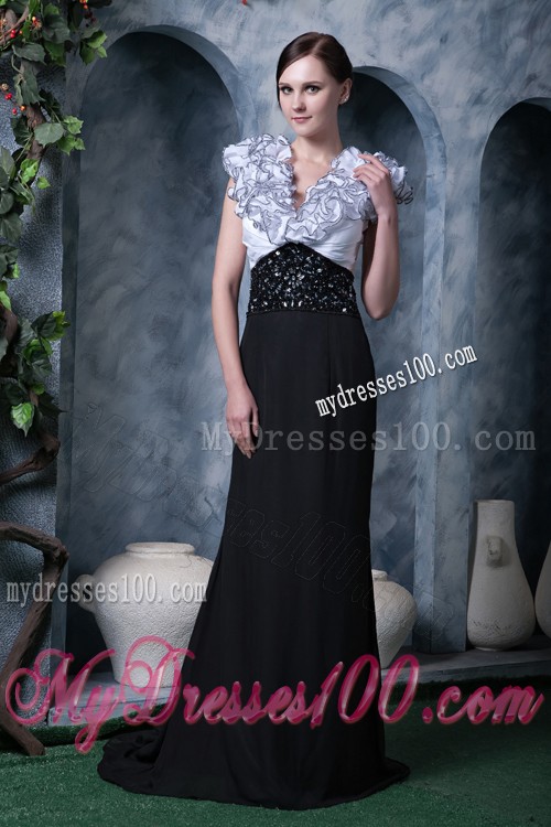 Special Neckline Black and White Prom Dress with Beading Brush Train