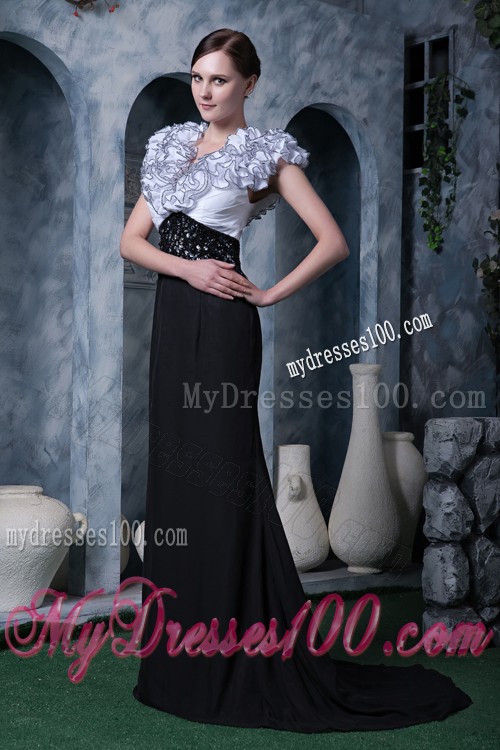Special Neckline Black and White Prom Dress with Beading Brush Train