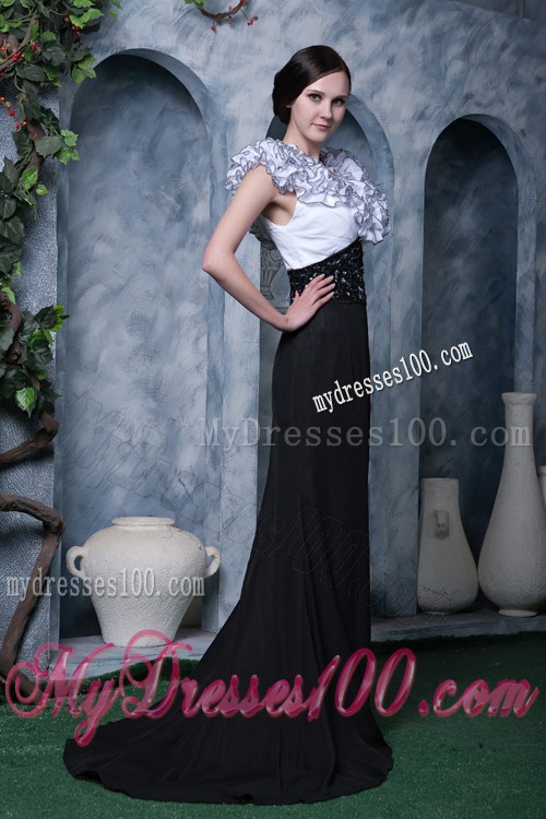 Special Neckline Black and White Prom Dress with Beading Brush Train