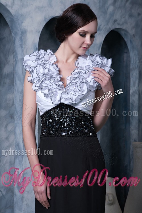 Special Neckline Black and White Prom Dress with Beading Brush Train