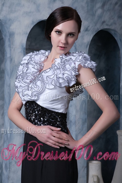 Special Neckline Black and White Prom Dress with Beading Brush Train