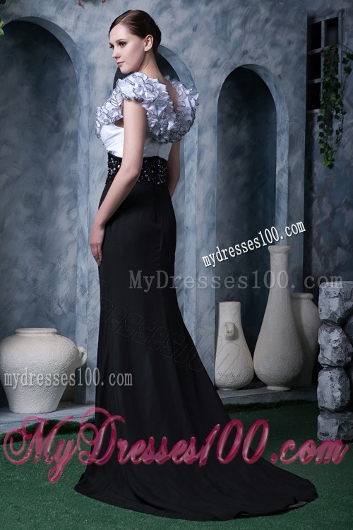 Special Neckline Black and White Prom Dress with Beading Brush Train
