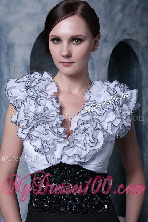 Special Neckline Black and White Prom Dress with Beading Brush Train