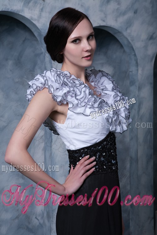 Special Neckline Black and White Prom Dress with Beading Brush Train