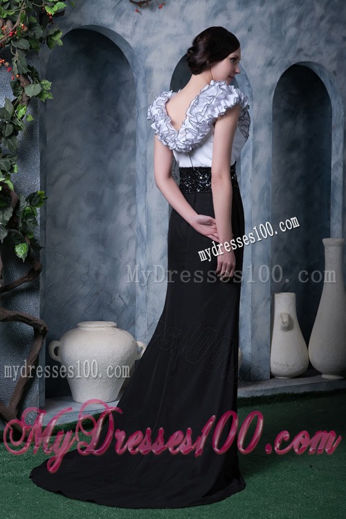 Special Neckline Black and White Prom Dress with Beading Brush Train