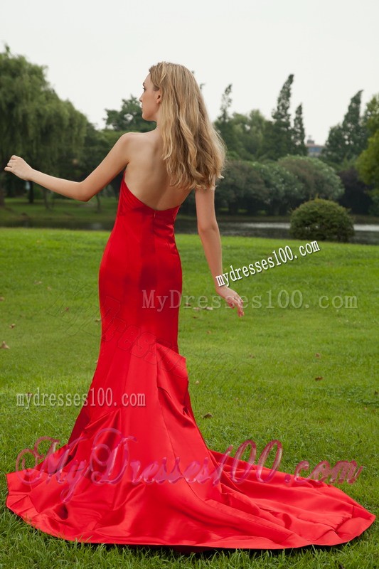 Ostentatious Mermaid Court Train Prom Dress in Red Strapless