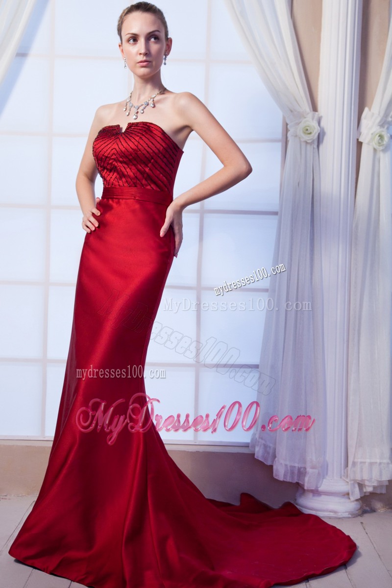 Court Train Zipper-up Fitted Wine Red Prom Dress for Ladies