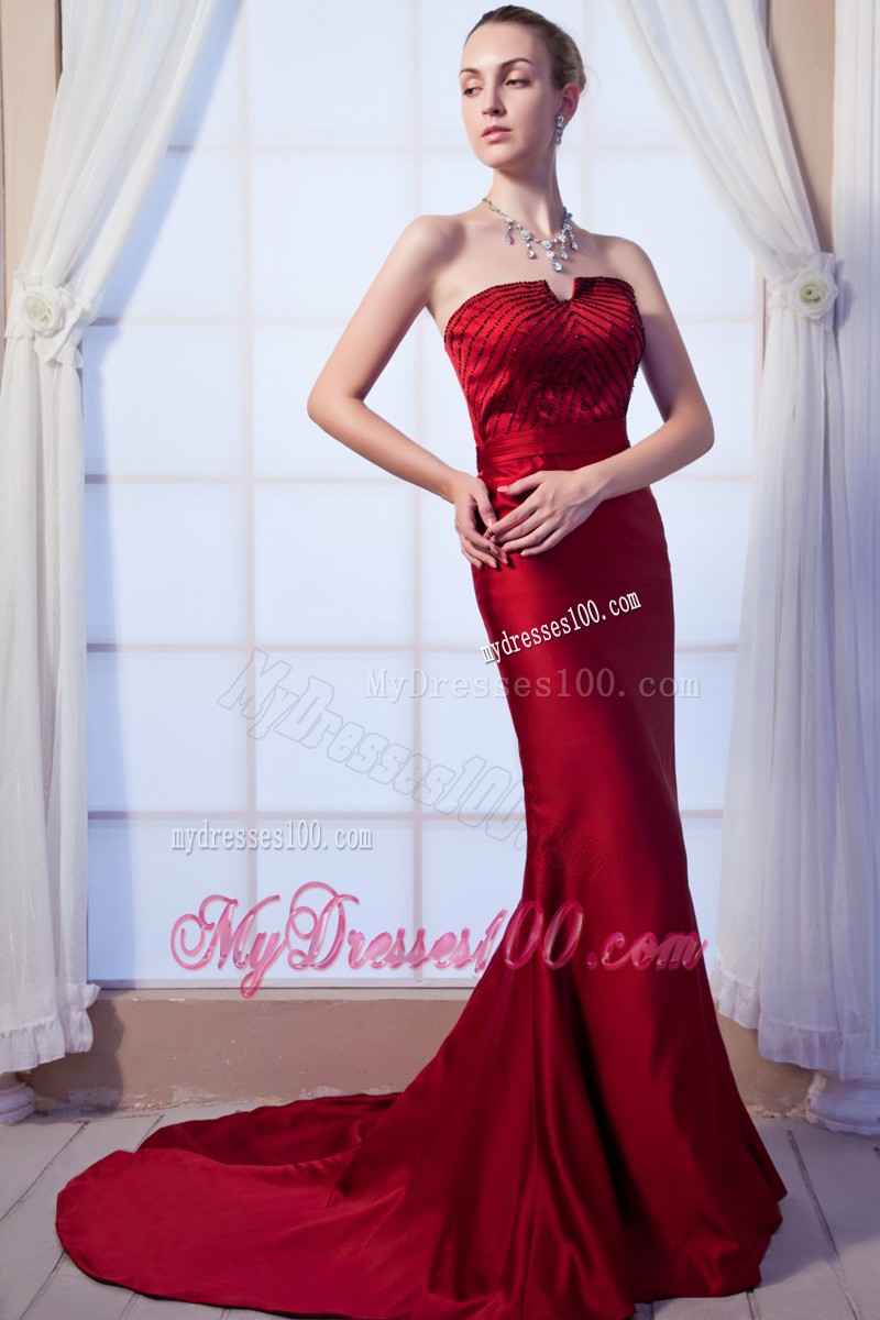 Court Train Zipper-up Fitted Wine Red Prom Dress for Ladies