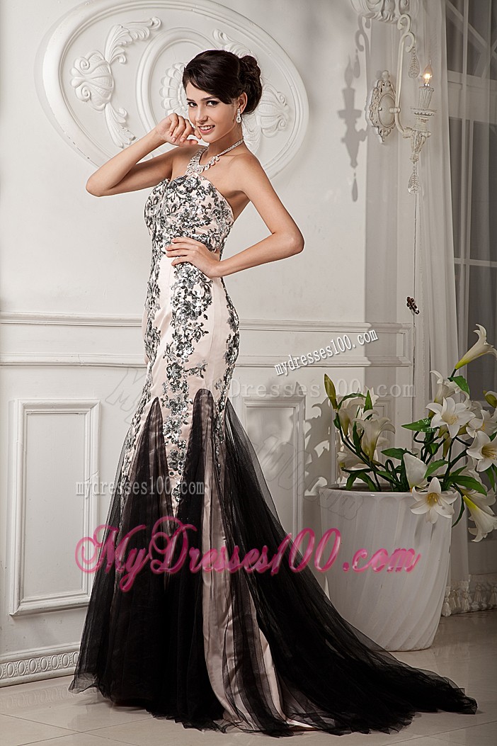 Champagne Prom Dresses with Appliques and Brush Train