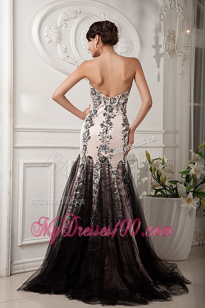 Champagne Prom Dresses with Appliques and Brush Train
