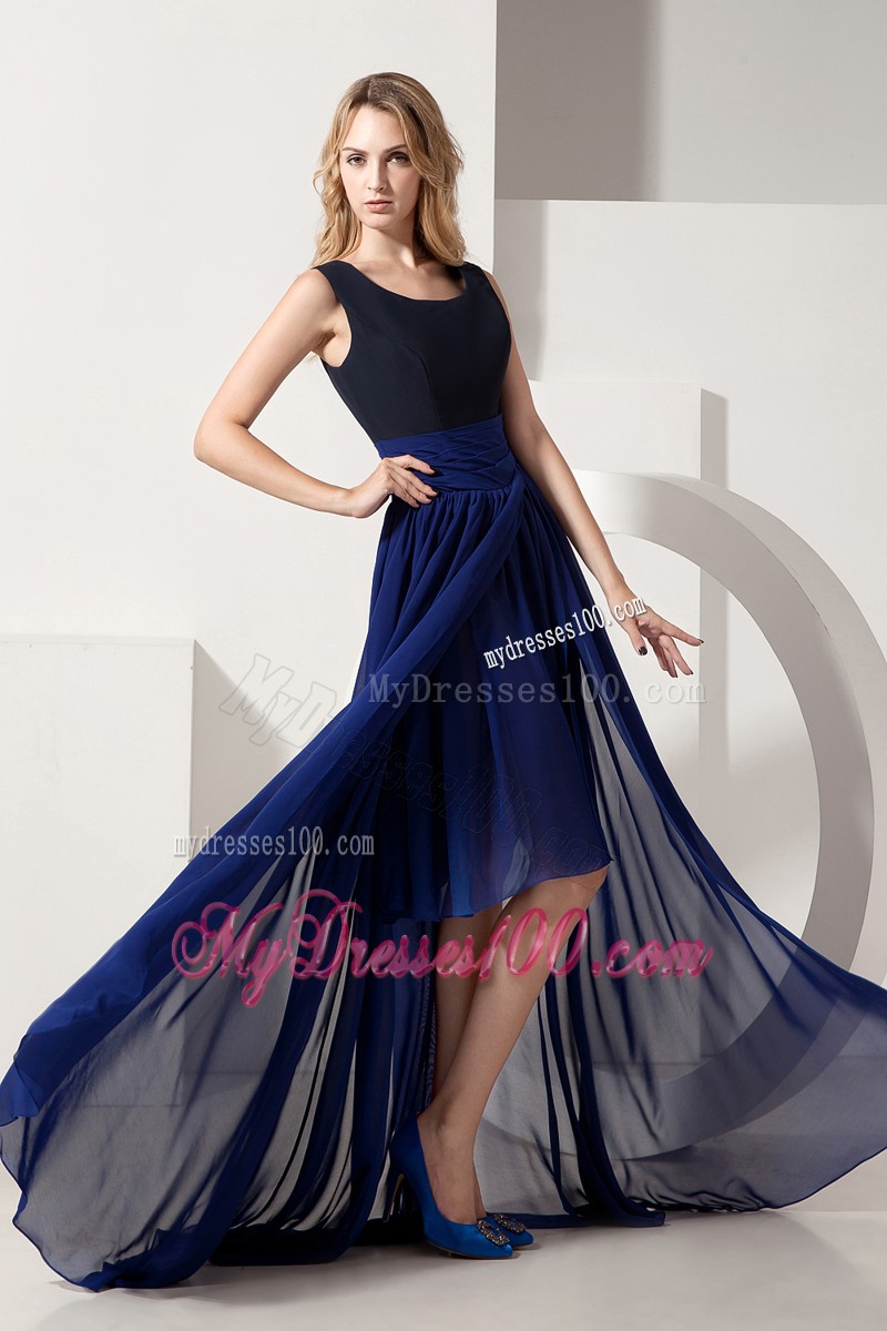 Navy Blue Empire High-low Chiffon Prom Dresses for Cheap