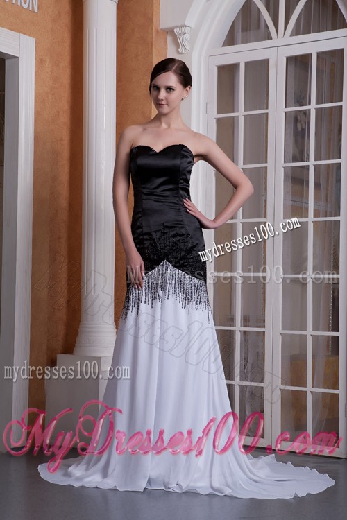 Simple Style Sweep Brush Train White and Black Prom Dress with Ruche