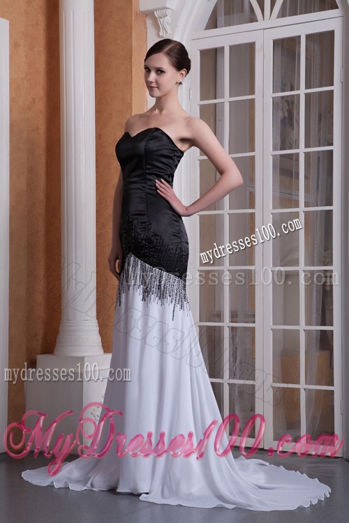 Simple Style Sweep Brush Train White and Black Prom Dress with Ruche