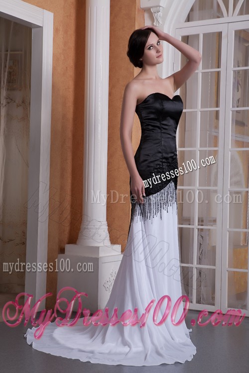 Simple Style Sweep Brush Train White and Black Prom Dress with Ruche