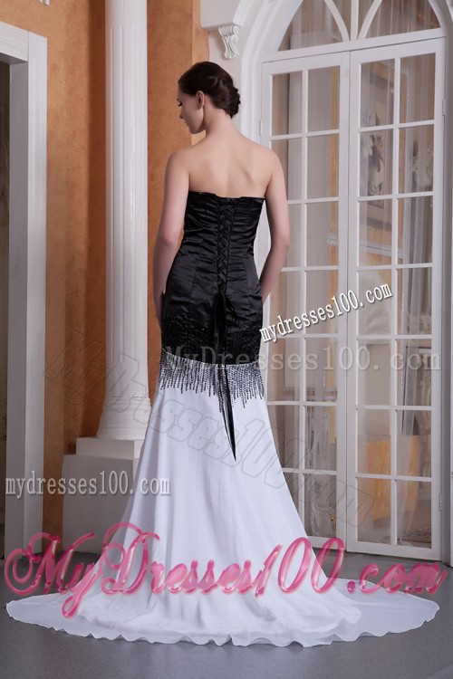 Simple Style Sweep Brush Train White and Black Prom Dress with Ruche