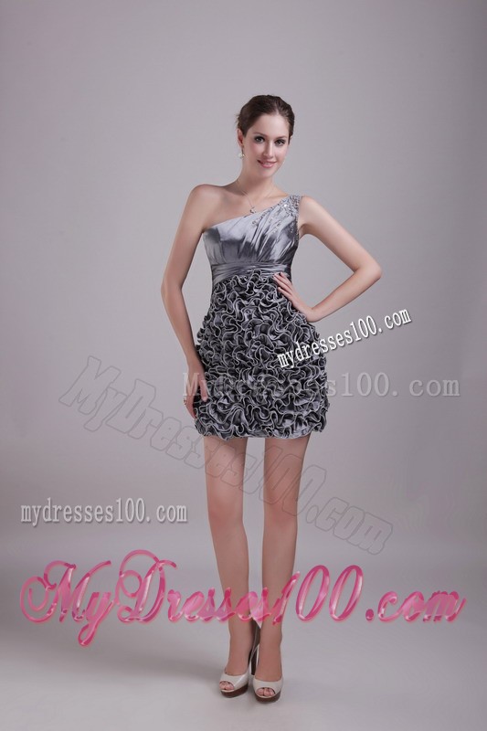 One Shoulder Rolling Flower Grey Mini Prom Dress with Sequins Ruche