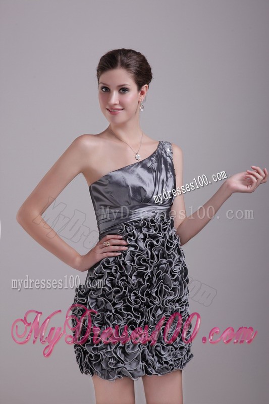 One Shoulder Rolling Flower Grey Mini Prom Dress with Sequins Ruche