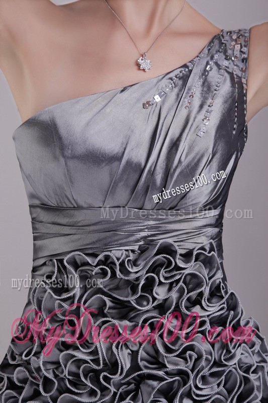 One Shoulder Rolling Flower Grey Mini Prom Dress with Sequins Ruche