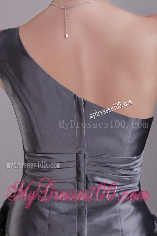One Shoulder Rolling Flower Grey Mini Prom Dress with Sequins Ruche