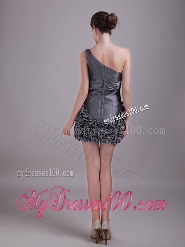One Shoulder Rolling Flower Grey Mini Prom Dress with Sequins Ruche