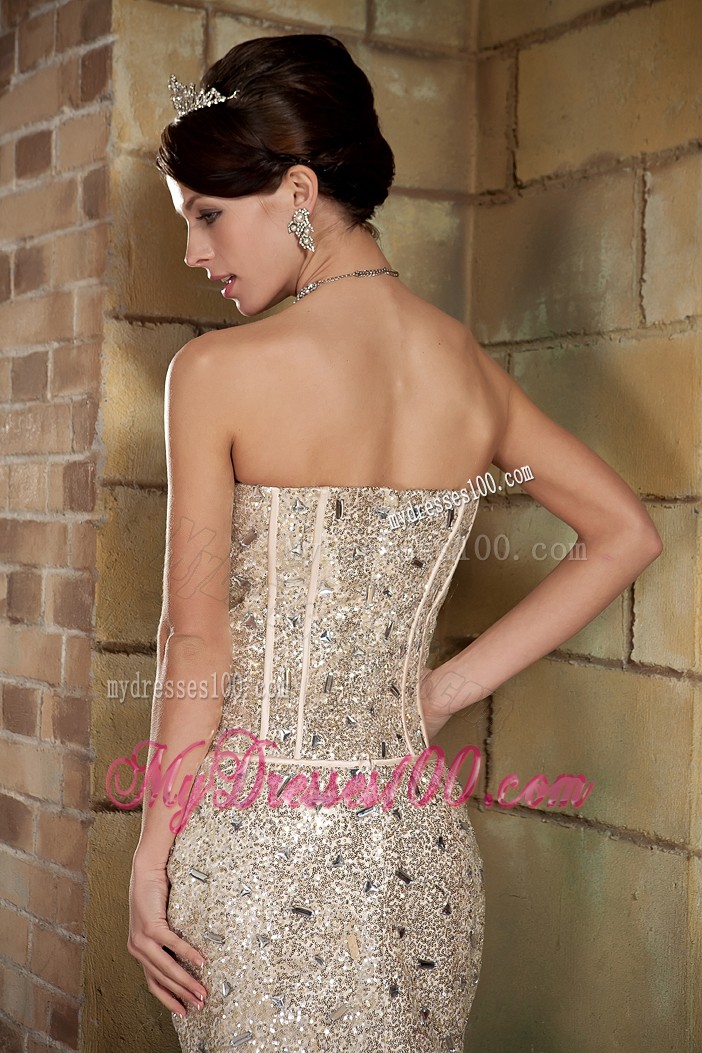 Rhinestone Accent Champagne Prom Gown of Mini-length