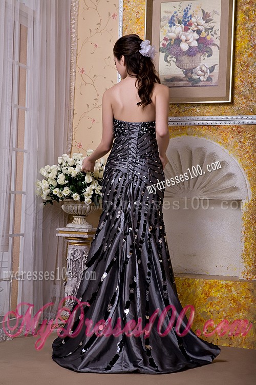 Outstanding Sweetheart Paillette Mermaid Sweep Train Black Prom Dress