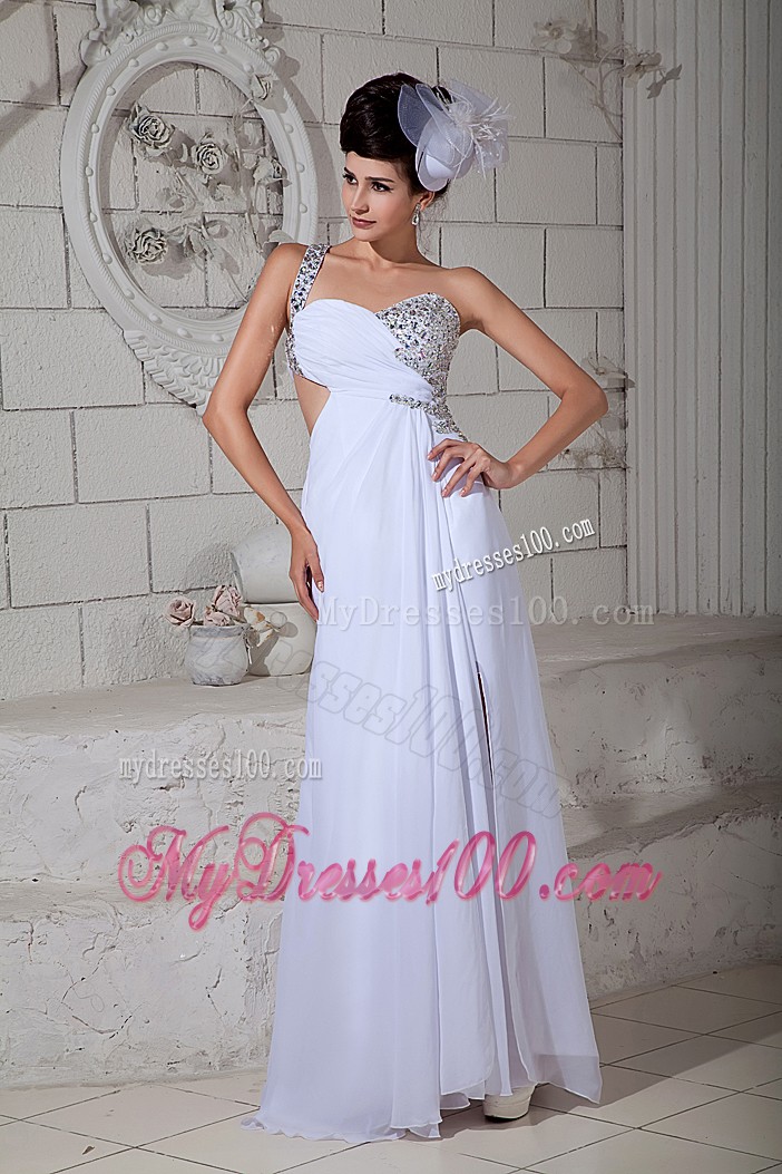 Beaded Asymmetrical Prom Dresses in White Chiffon