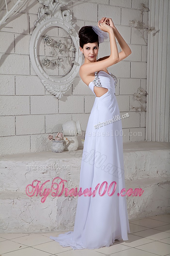 Beaded Asymmetrical Prom Dresses in White Chiffon