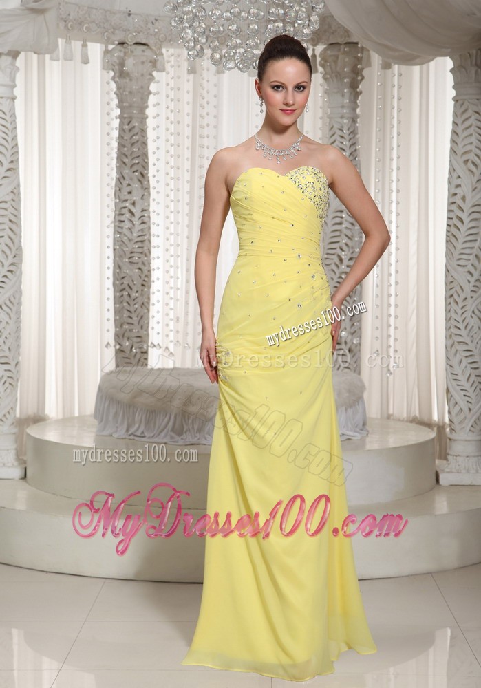 Full Length Chiffon Prom Dress in Yellow With Beadings and Ruching