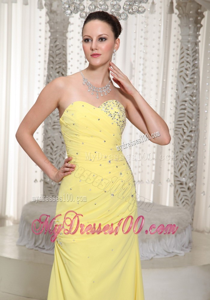 Full Length Chiffon Prom Dress in Yellow With Beadings and Ruching